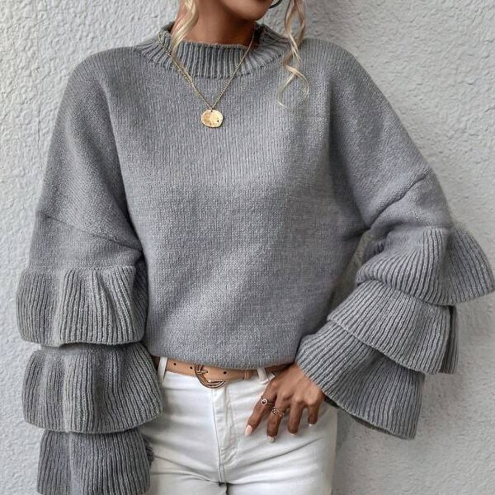 Dark Gray Layer Sleeve Ruffle Pullover Sweater - Picture 3 of 4